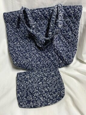 Vtg Tote Bag and Cosmetic Bag  Shoulder Bag Purse Cottagecore Blue Floral